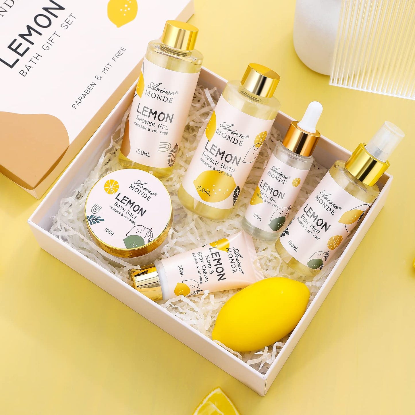 Birthday Gifts Set for Women, Bath Spa Gift Box Set with Shower Gel, Bubble Bath, Body Cream, Bath Soap, Bath Salt, Essential Oil, Bath and Body Gift Box for Women Lemon Scent