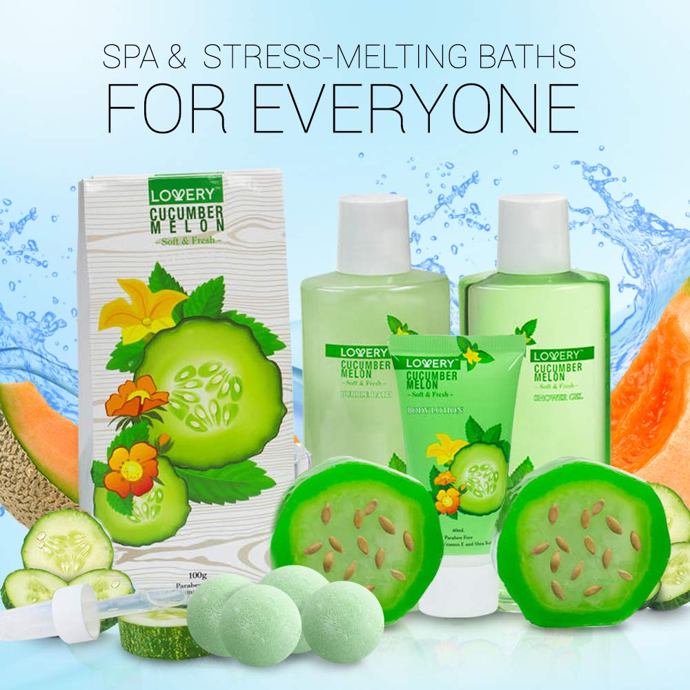 Valentines Day Gifts, Home Spa Bath Basket Gift Set - Aromatherapy Kit for Men & Women - Natural Cucumber with Organic Melon - 12 Piece Skin Care Set Includes 2 Organic Melon Soaps, Body Lotion & More