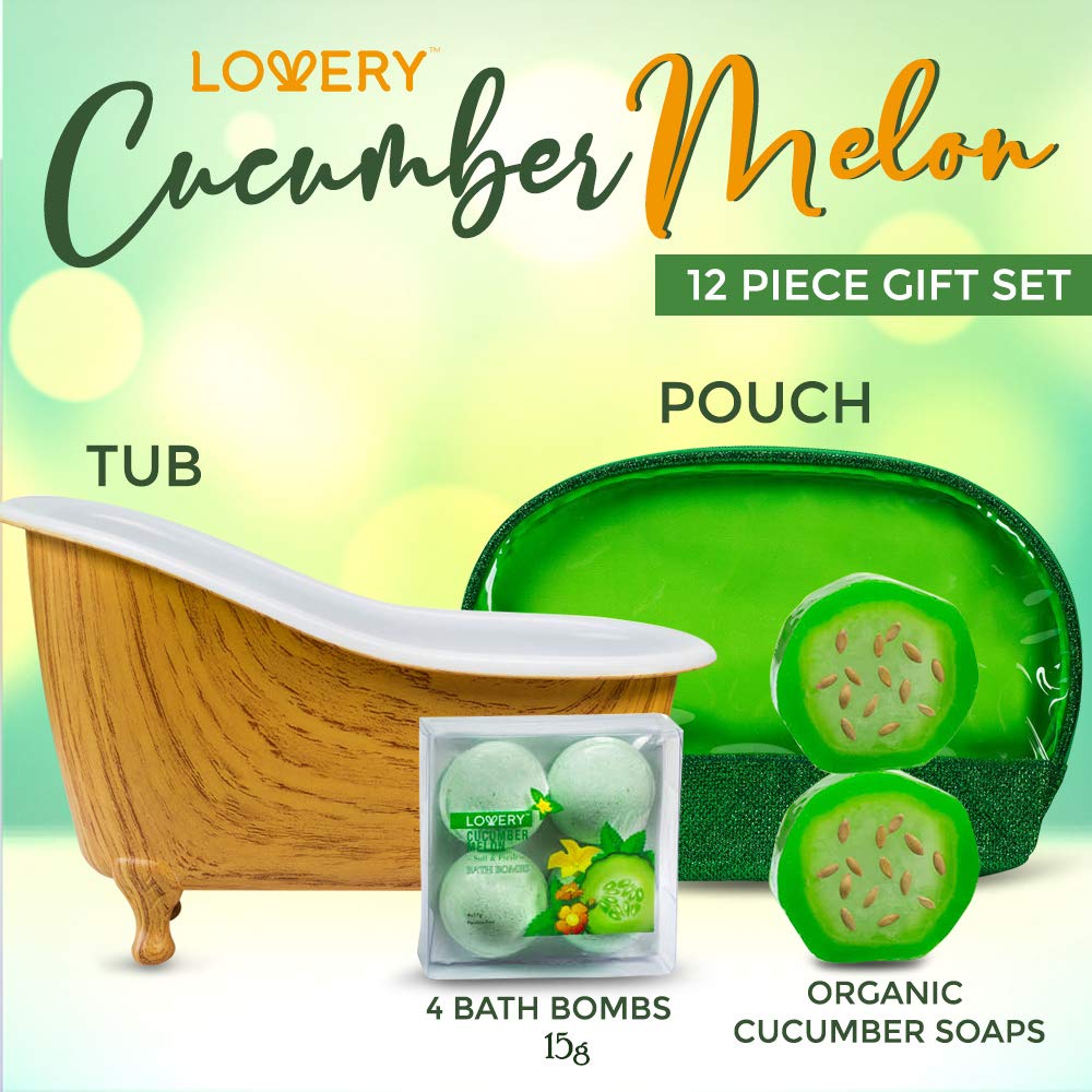 Valentines Day Gifts, Home Spa Bath Basket Gift Set - Aromatherapy Kit for Men & Women - Natural Cucumber with Organic Melon - 12 Piece Skin Care Set Includes 2 Organic Melon Soaps, Body Lotion & More