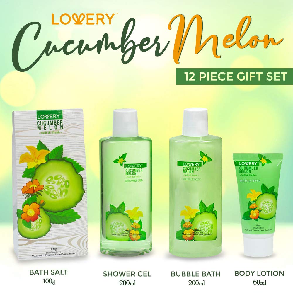 Valentines Day Gifts, Home Spa Bath Basket Gift Set - Aromatherapy Kit for Men & Women - Natural Cucumber with Organic Melon - 12 Piece Skin Care Set Includes 2 Organic Melon Soaps, Body Lotion & More