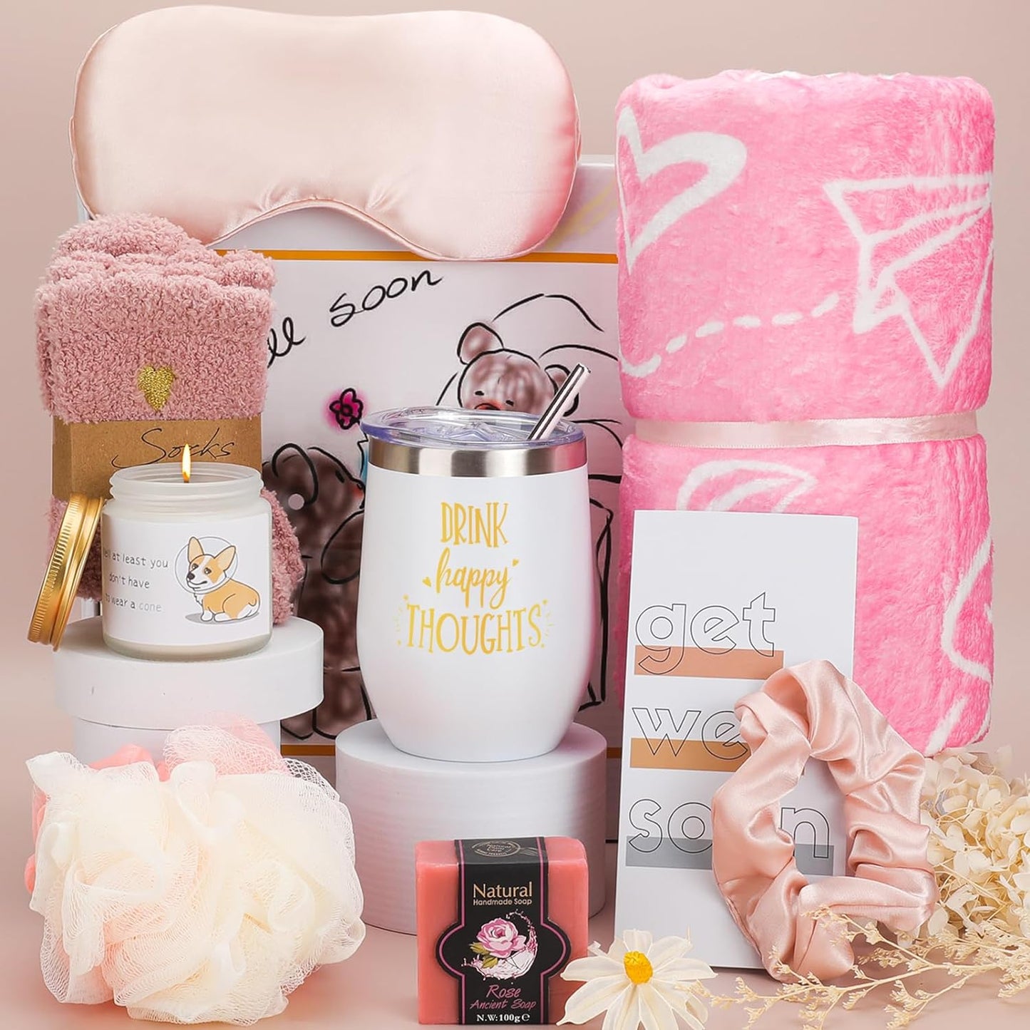 Get Well Soon Gifts for Women,After Surgery Basket with Flannel Blanket Coffee Mug,Sympathy Gifts Inspirational Thinking of you, Feel Better Soon Care Package for Sick Friends/Pink