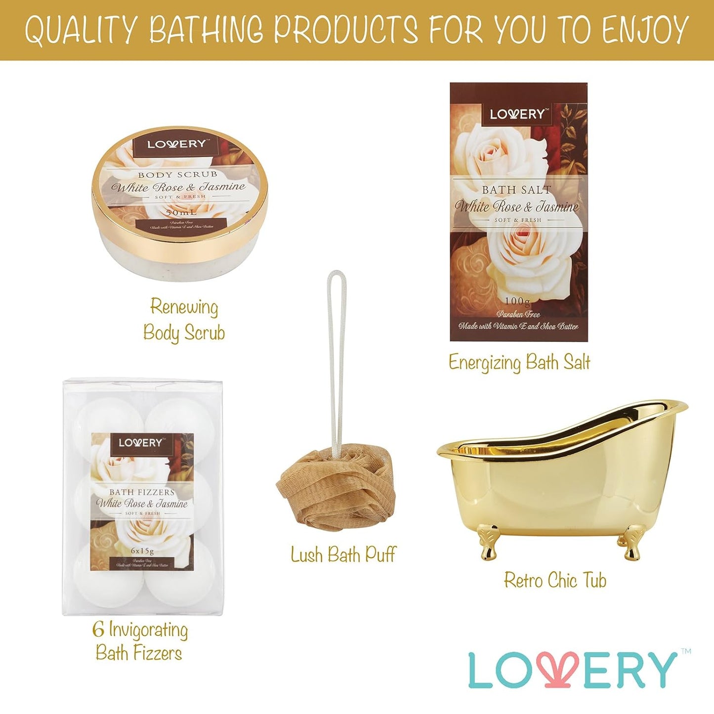 Valentines Gifts Home Spa Gift Basket, Luxury 13pc Bath & Body Set For Men & Women, White Rose & Jasmine Scent - Shower Gel, Bubble Bath, Body Scrub, Salts, 6 Bath Bombs, Pouf, Cosmetic Bag & Gold Tub