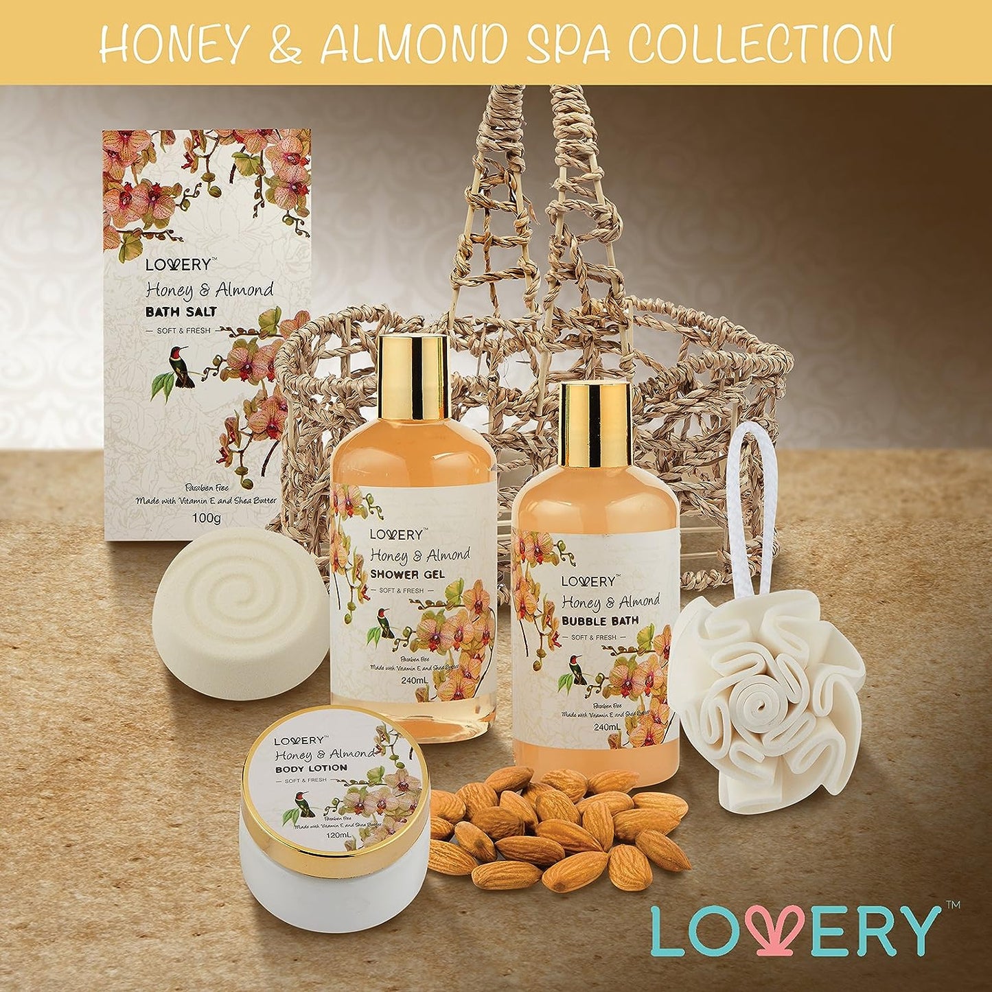 Home Spa Gift Basket - Honey & Almond Scent - Luxury Bath & Body Set With Shower Gel, Bubble Bath, Body Lotion, Bath Salt, Bath Bomb, Bath Puff & Handmade Weaved Basket