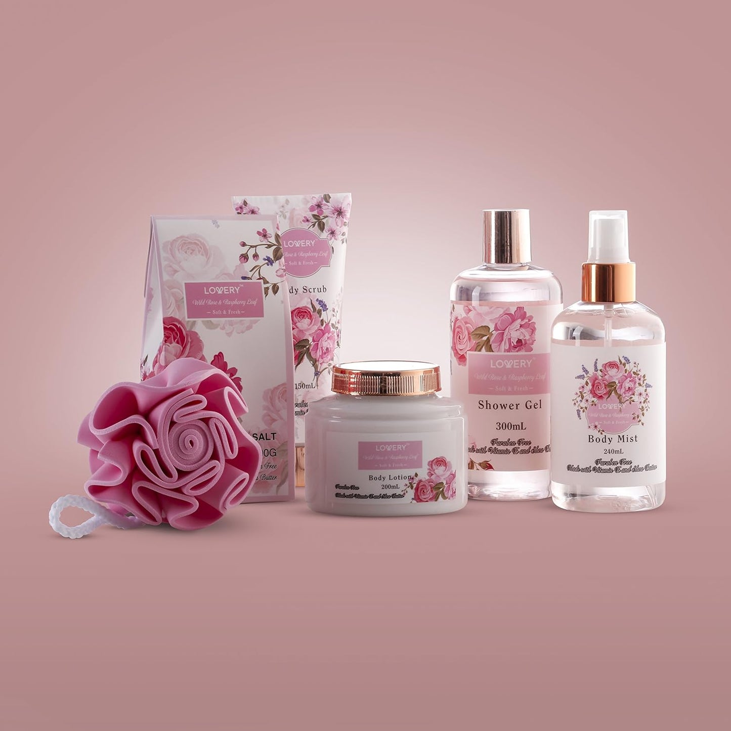 Valentines Gifts, Home Spa Gift Basket - Wild Rose & Raspberry Leaf Scent - 7pc Bath & Body Set for Men and Women - Shower Gel, Body Lotion, Body Scrub, Bath Salt, Body Mist, Bath Puff & Shower Caddy