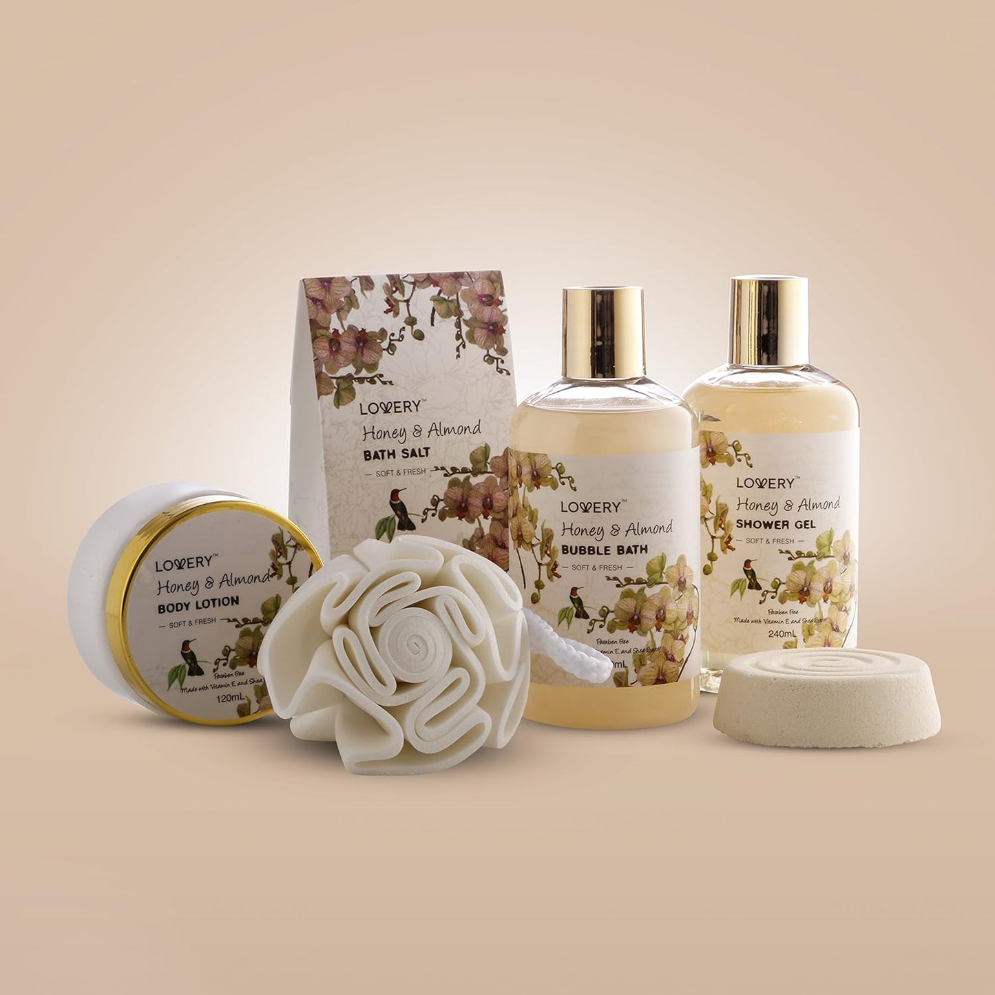Home Spa Gift Basket - Honey & Almond Scent - Luxury Bath & Body Set With Shower Gel, Bubble Bath, Body Lotion, Bath Salt, Bath Bomb, Bath Puff & Handmade Weaved Basket