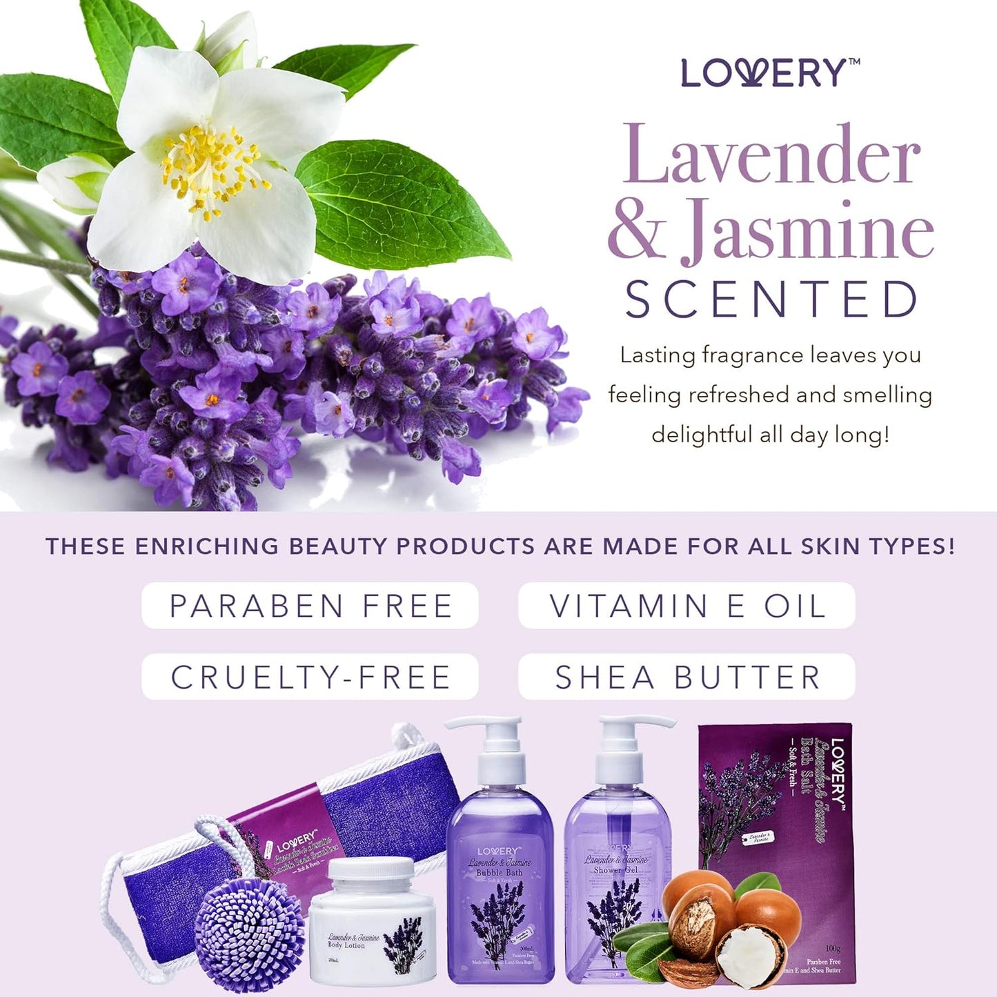 Valentine Day Gifts, Spa Gift Baskets For Women - Bath and Body Gift Basket For Women and Men – Lavender and Jasmine Home Spa Set with Body Lotions, Bubble Bath, Bath Salt and Much More, Birthday Gift