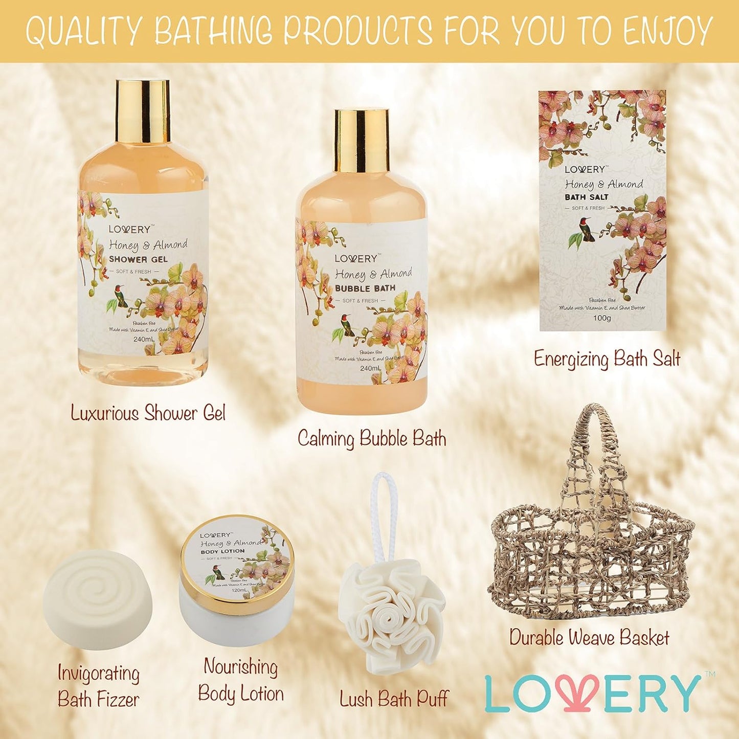Home Spa Gift Basket - Honey & Almond Scent - Luxury Bath & Body Set With Shower Gel, Bubble Bath, Body Lotion, Bath Salt, Bath Bomb, Bath Puff & Handmade Weaved Basket