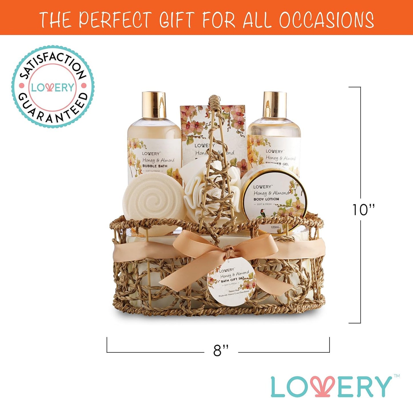 Home Spa Gift Basket - Honey & Almond Scent - Luxury Bath & Body Set With Shower Gel, Bubble Bath, Body Lotion, Bath Salt, Bath Bomb, Bath Puff & Handmade Weaved Basket