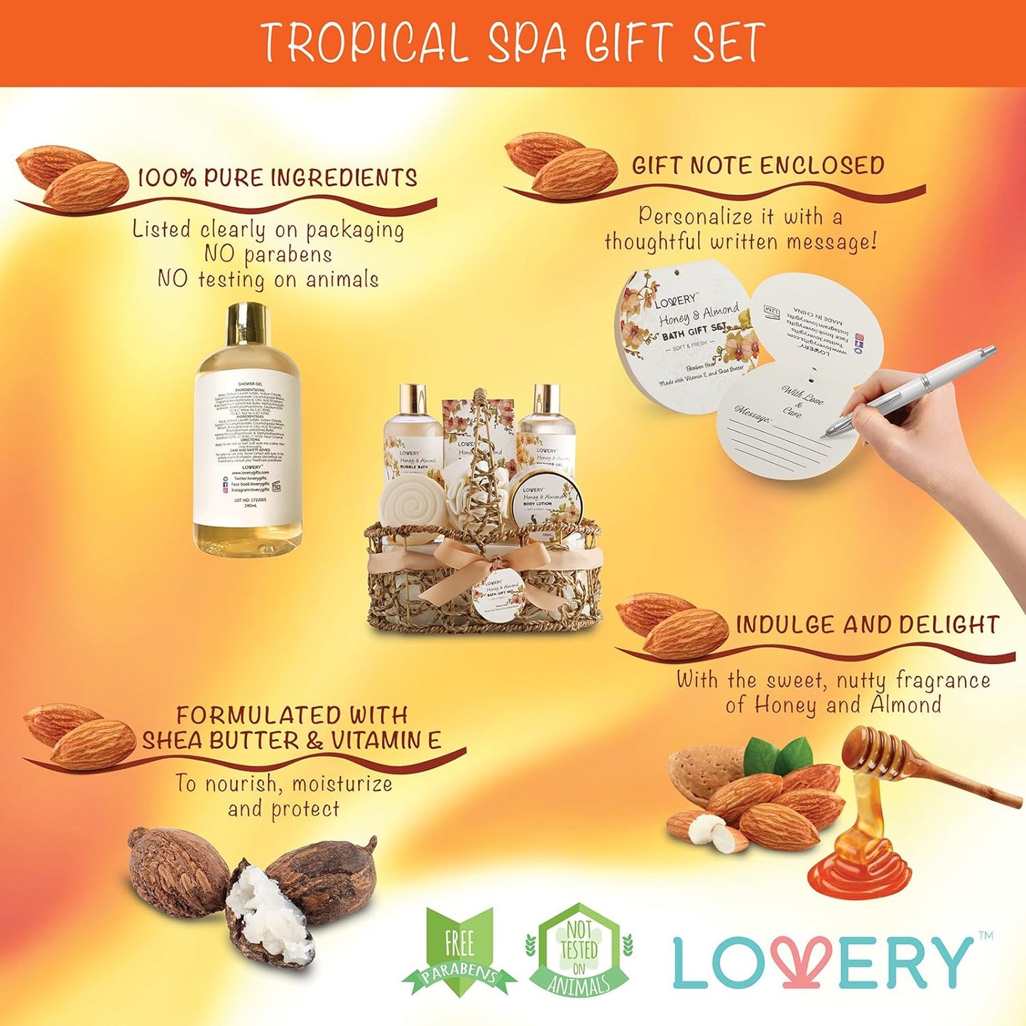 Home Spa Gift Basket - Honey & Almond Scent - Luxury Bath & Body Set With Shower Gel, Bubble Bath, Body Lotion, Bath Salt, Bath Bomb, Bath Puff & Handmade Weaved Basket