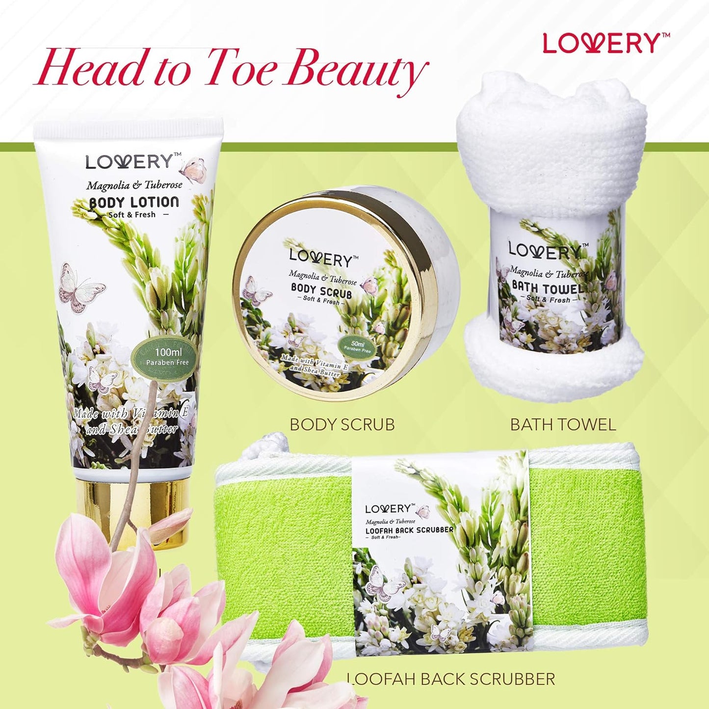 Valentines Day Gifts from Daughter and Son, Bath and Body Birthday Gift Basket For Women and Men – Magnolia & Tuberose Home Spa Set, Includes Fragrant Lotions, Massage Oil, Bath Towel & More - 9pc Set