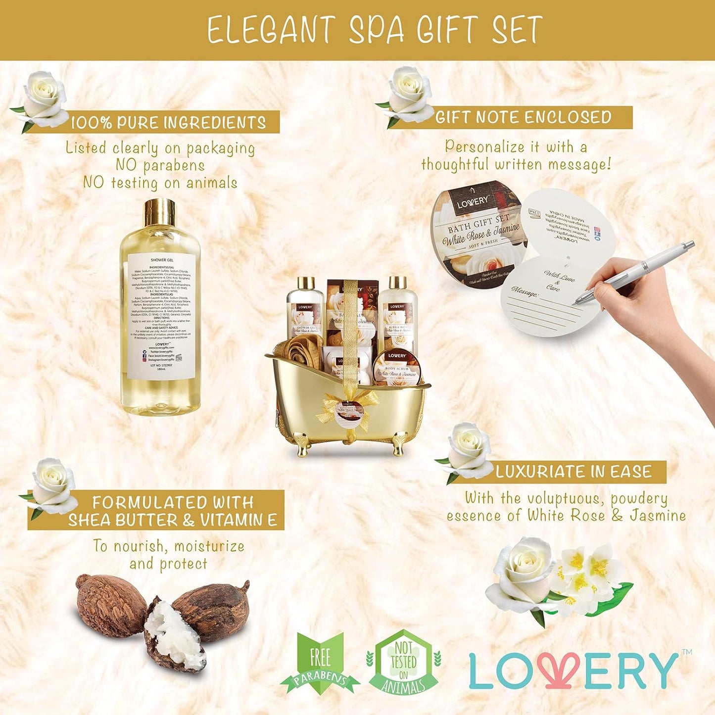 Valentines Gifts Home Spa Gift Basket, Luxury 13pc Bath & Body Set For Men & Women, White Rose & Jasmine Scent - Shower Gel, Bubble Bath, Body Scrub, Salts, 6 Bath Bombs, Pouf, Cosmetic Bag & Gold Tub