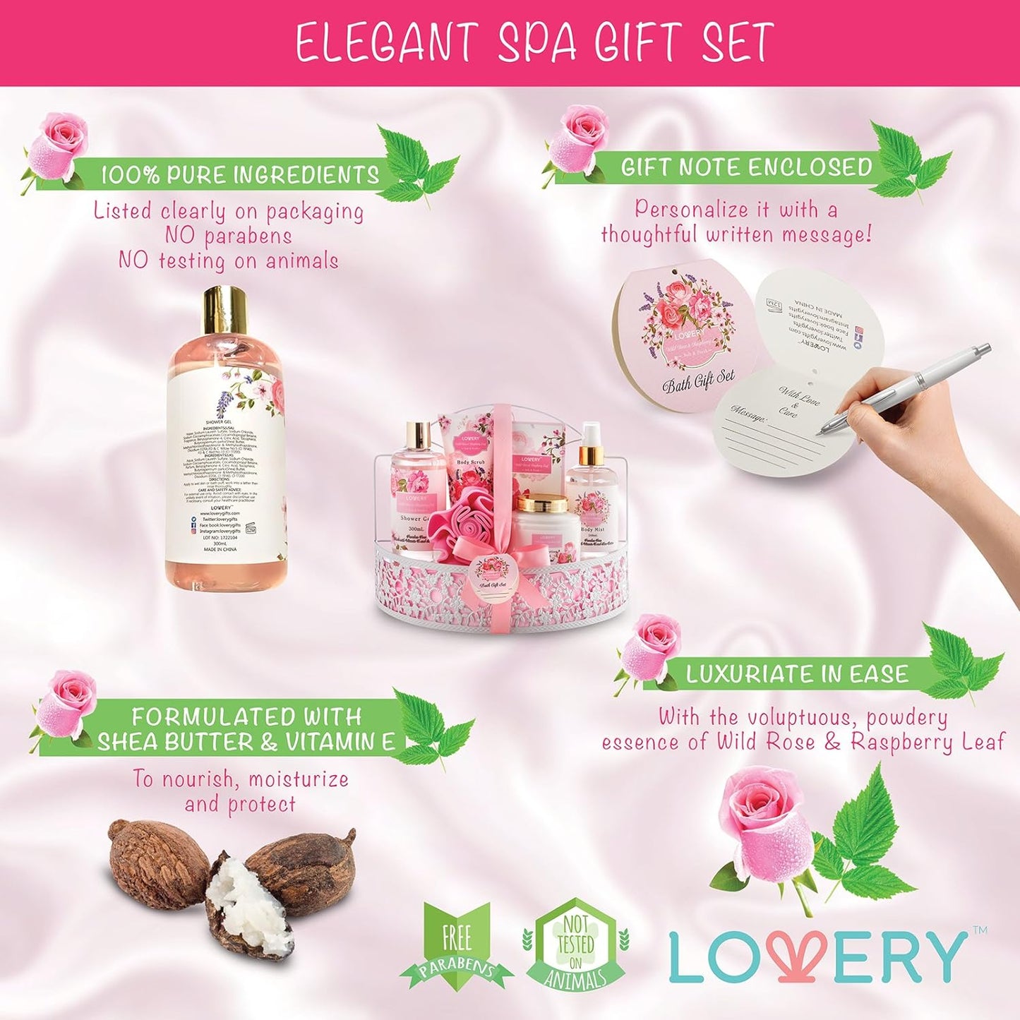 Valentines Gifts, Home Spa Gift Basket - Wild Rose & Raspberry Leaf Scent - 7pc Bath & Body Set for Men and Women - Shower Gel, Body Lotion, Body Scrub, Bath Salt, Body Mist, Bath Puff & Shower Caddy