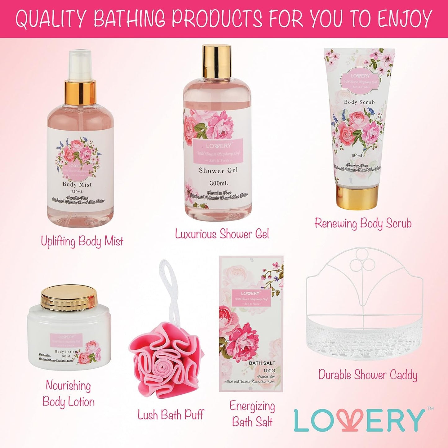 Valentines Gifts, Home Spa Gift Basket - Wild Rose & Raspberry Leaf Scent - 7pc Bath & Body Set for Men and Women - Shower Gel, Body Lotion, Body Scrub, Bath Salt, Body Mist, Bath Puff & Shower Caddy