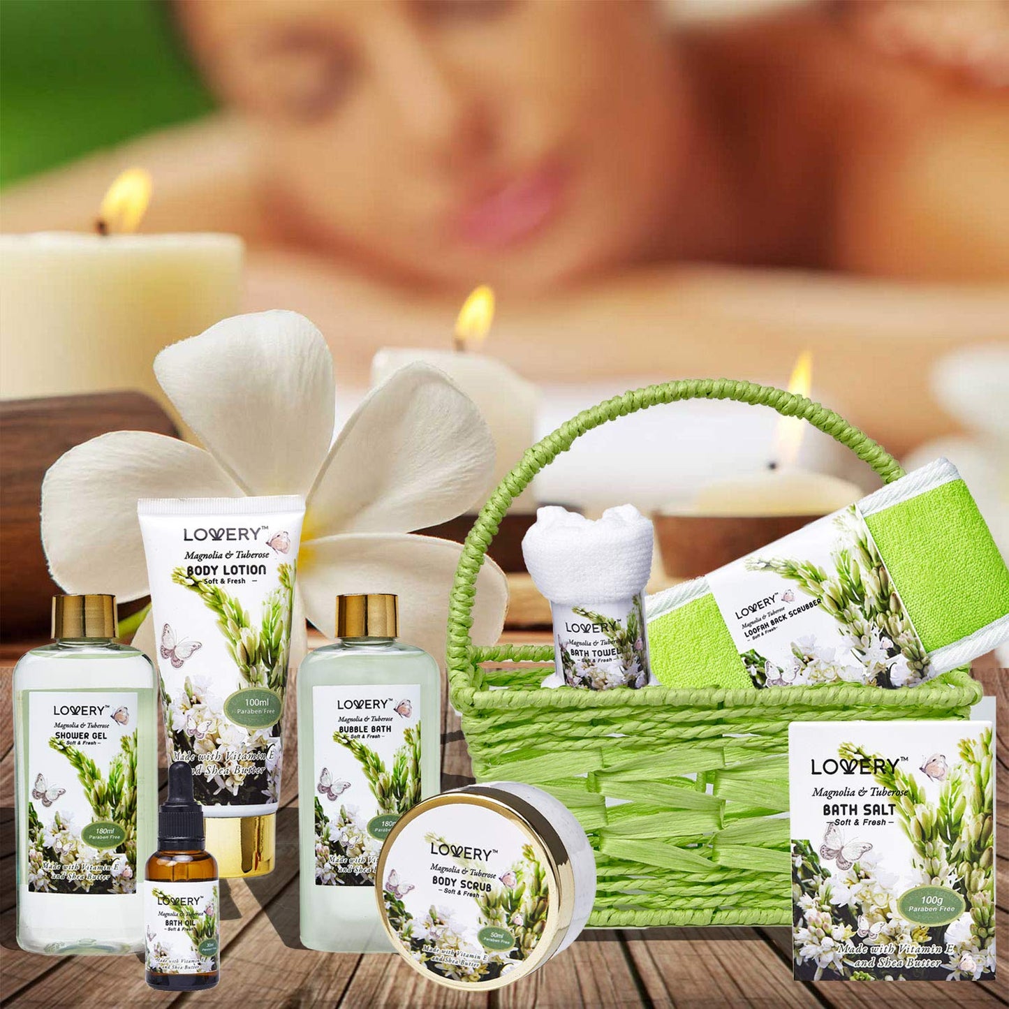 Valentines Day Gifts from Daughter and Son, Bath and Body Birthday Gift Basket For Women and Men – Magnolia & Tuberose Home Spa Set, Includes Fragrant Lotions, Massage Oil, Bath Towel & More - 9pc Set