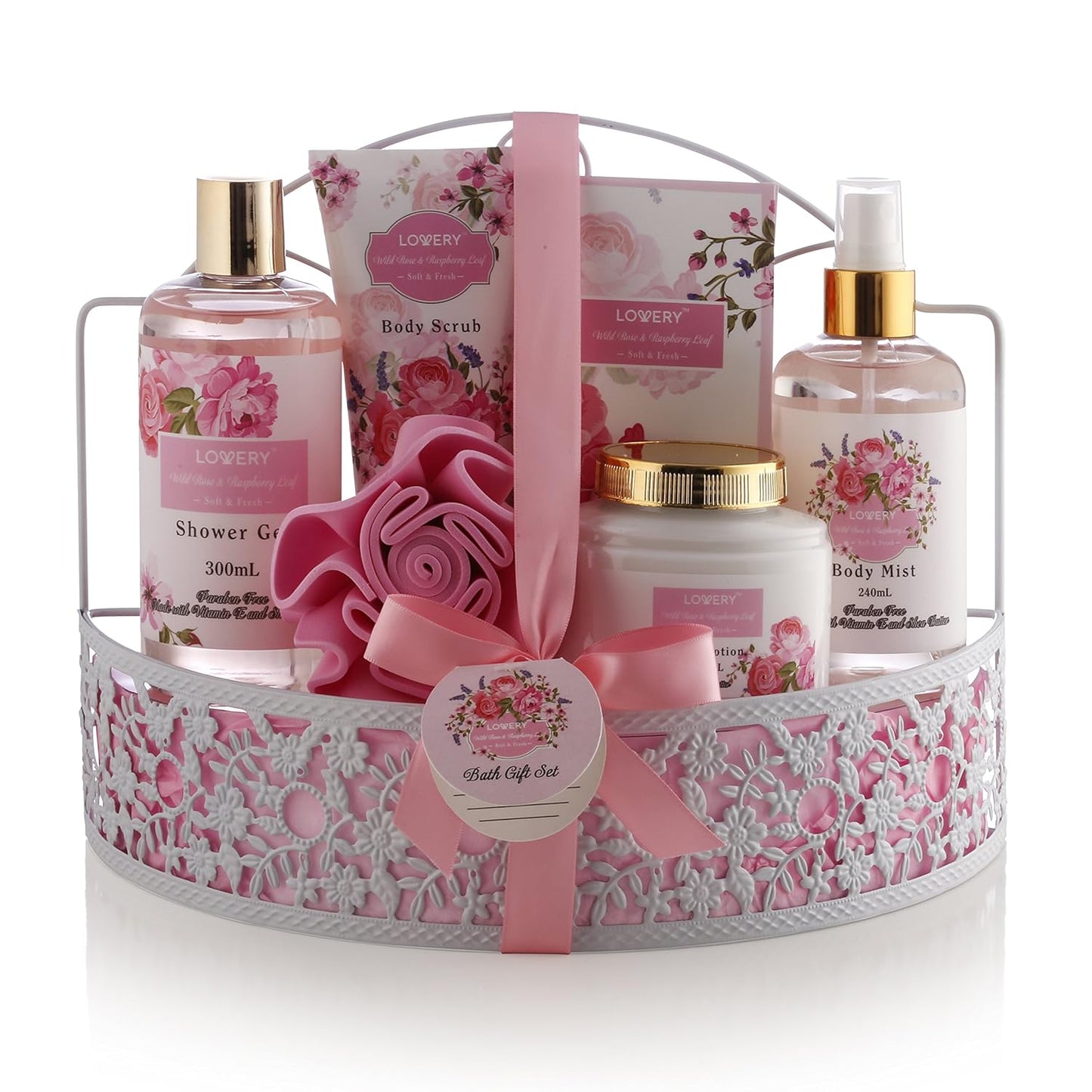 Valentines Gifts, Home Spa Gift Basket - Wild Rose & Raspberry Leaf Scent - 7pc Bath & Body Set for Men and Women - Shower Gel, Body Lotion, Body Scrub, Bath Salt, Body Mist, Bath Puff & Shower Caddy