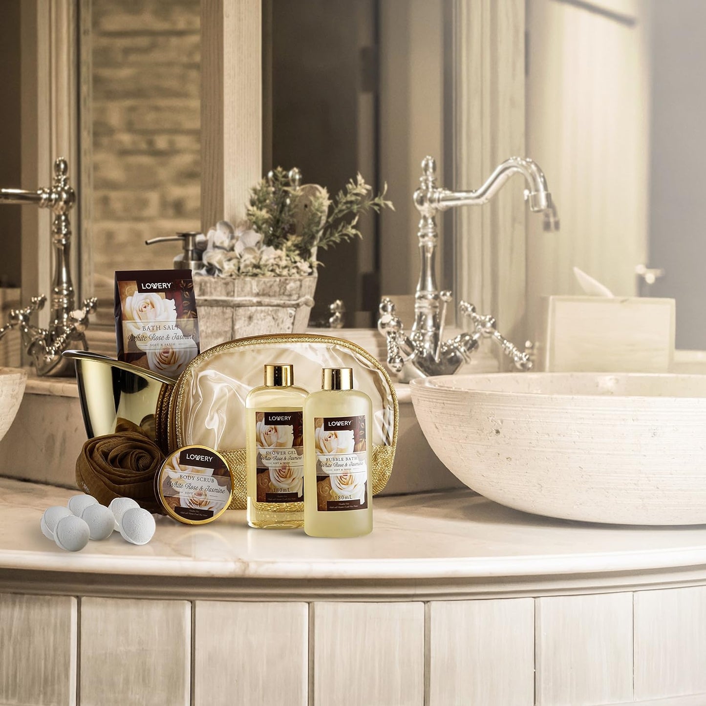 Valentines Gifts Home Spa Gift Basket, Luxury 13pc Bath & Body Set For Men & Women, White Rose & Jasmine Scent - Shower Gel, Bubble Bath, Body Scrub, Salts, 6 Bath Bombs, Pouf, Cosmetic Bag & Gold Tub