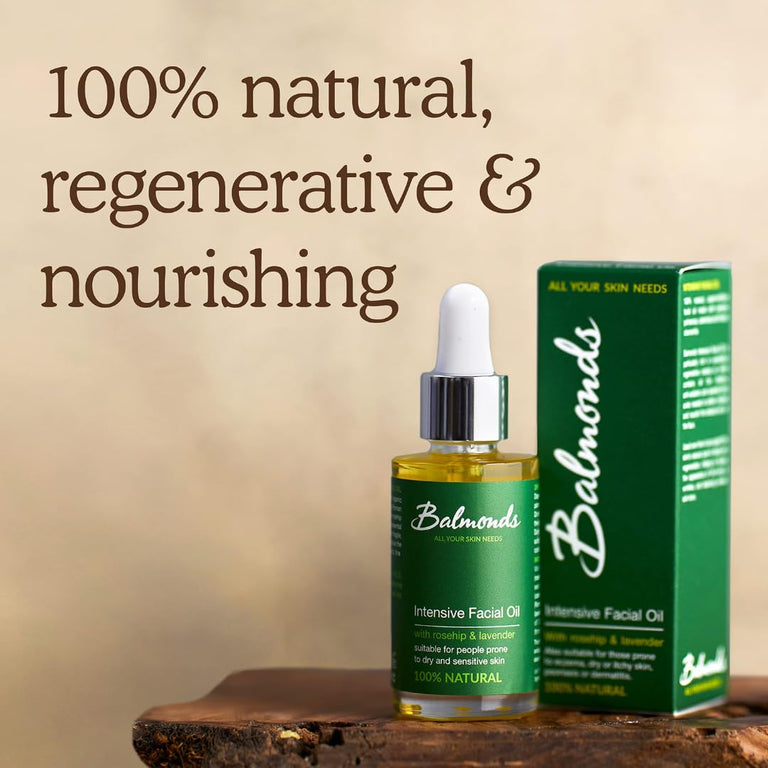 Balmonds Aceite facial intensivo, aceite de piel 100% natural para piel seca y sensible, sin fragancia y fabricado con aceite de vitamina E, vegano y libre de crueldad (1.1 oz)