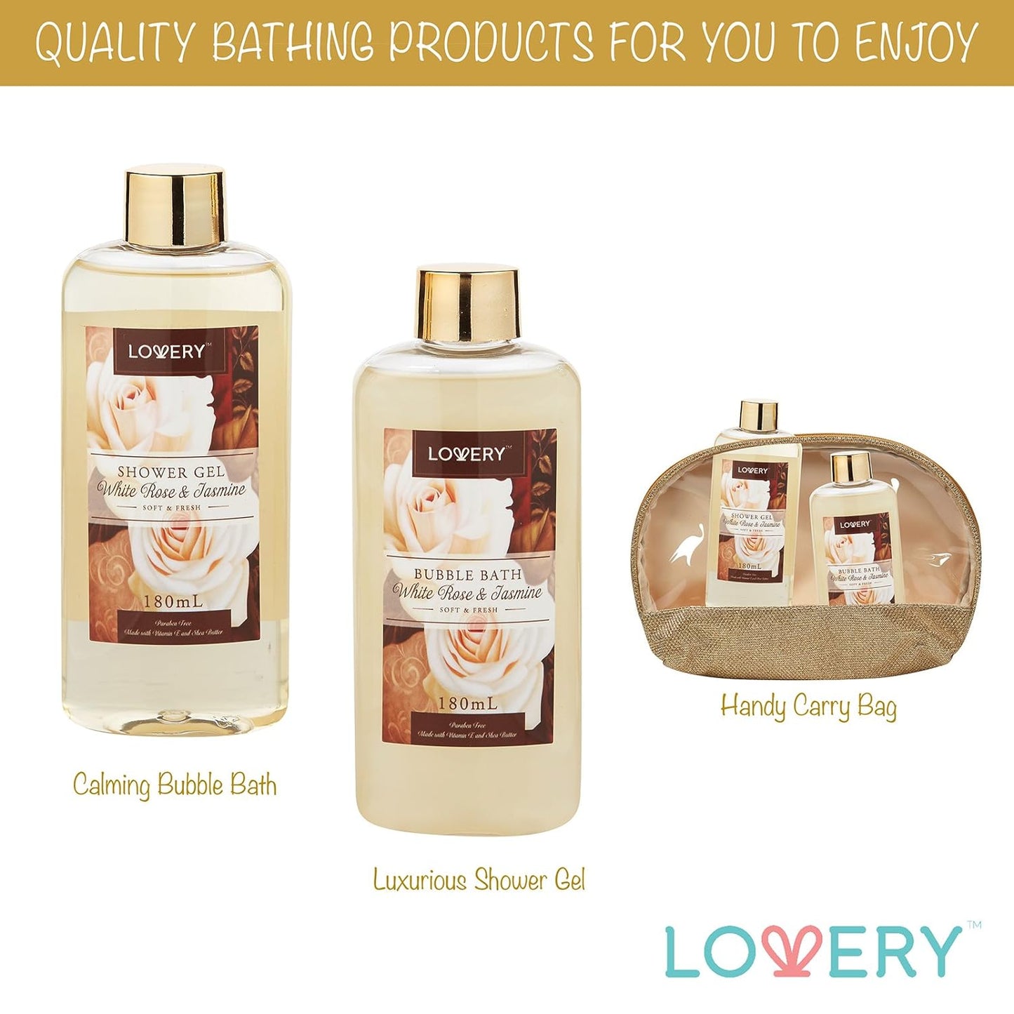 Valentines Gifts Home Spa Gift Basket, Luxury 13pc Bath & Body Set For Men & Women, White Rose & Jasmine Scent - Shower Gel, Bubble Bath, Body Scrub, Salts, 6 Bath Bombs, Pouf, Cosmetic Bag & Gold Tub