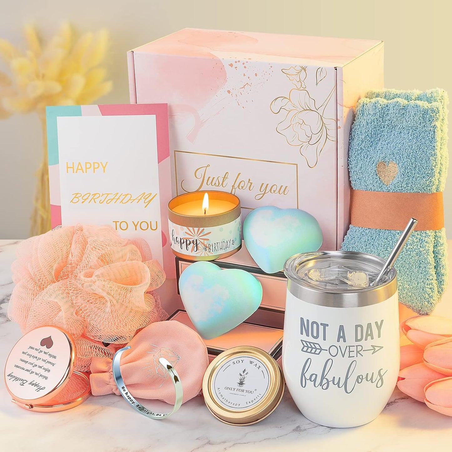 Birthday Gifts for Women, Unique Happy Birthday Relaxing Spa Bath Set Gift Baskets Ideas for Her, Mom, Sister, Friends, Best Pampering Care Gift Box Thank You Gifts for Women Who Have Everything